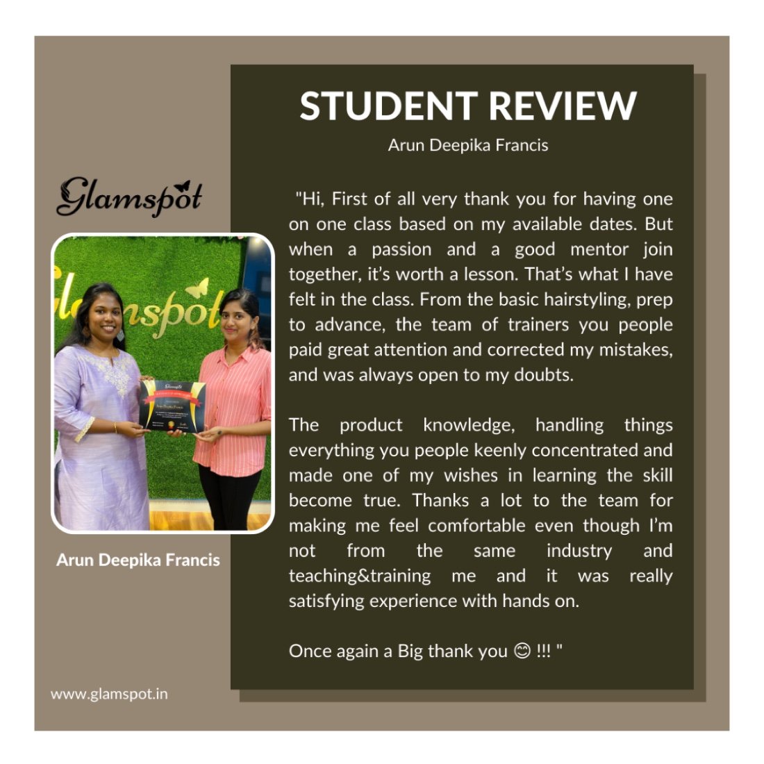 Student feedback for Glamspot Academy